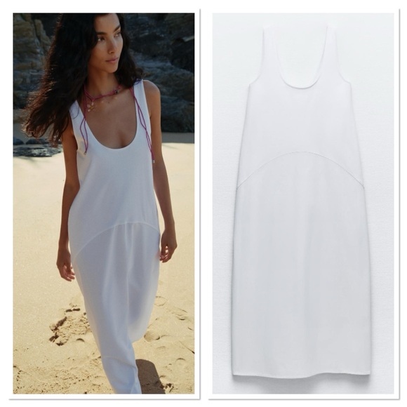 NWT Zara Round Neckline Combination Poplin Midi Tank Dress Sz:M - Picture 2 of 10